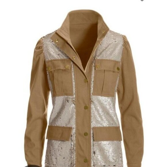 Boston Proper Sequin Embellished Puff Sleeve Utility Jacket Khaki Tan Size M NEW - Picture 1 of 10